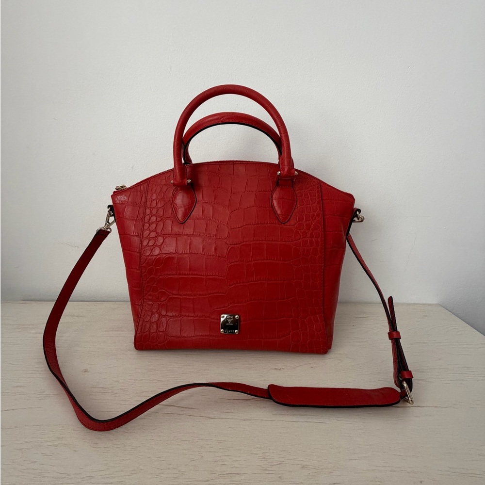 MCM Red Crocodile-Embossed Satchel